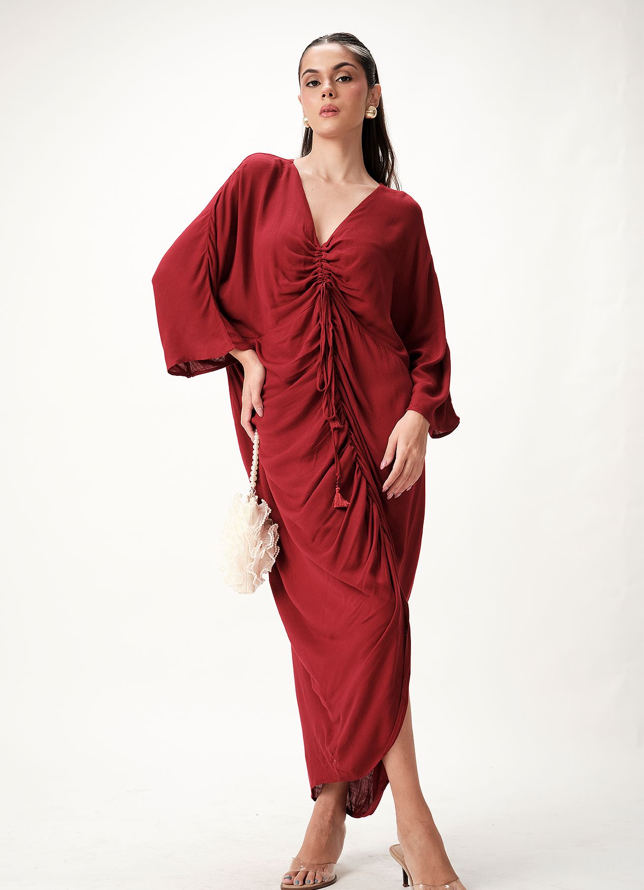 Haya kaftan dress in deep burgundy — front view, developed by THELYSH Atelier