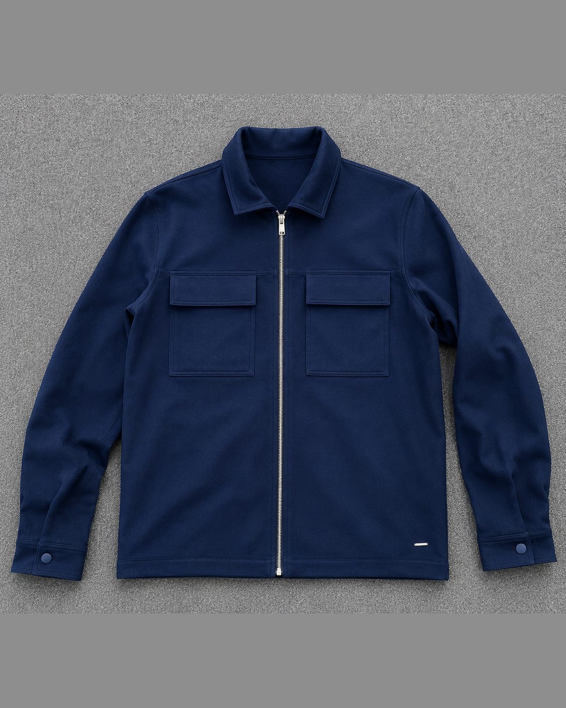 Navy zip-front jacket with flap pockets — developed by THELYSH Atelier