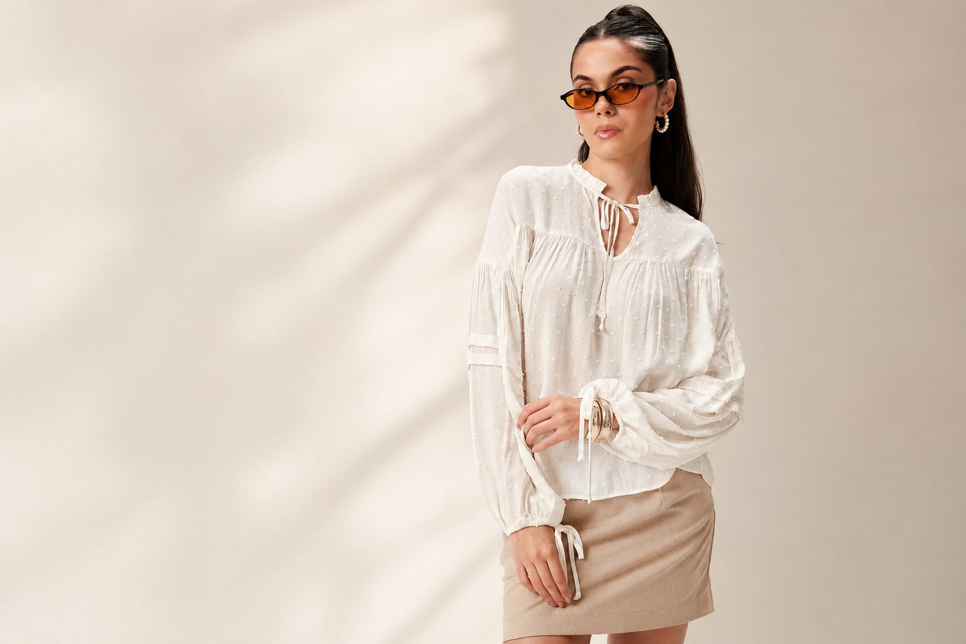 Clip-dot neck-frill blouse with tie front and blouson sleeves — pattern developed by THELYSH Atelier