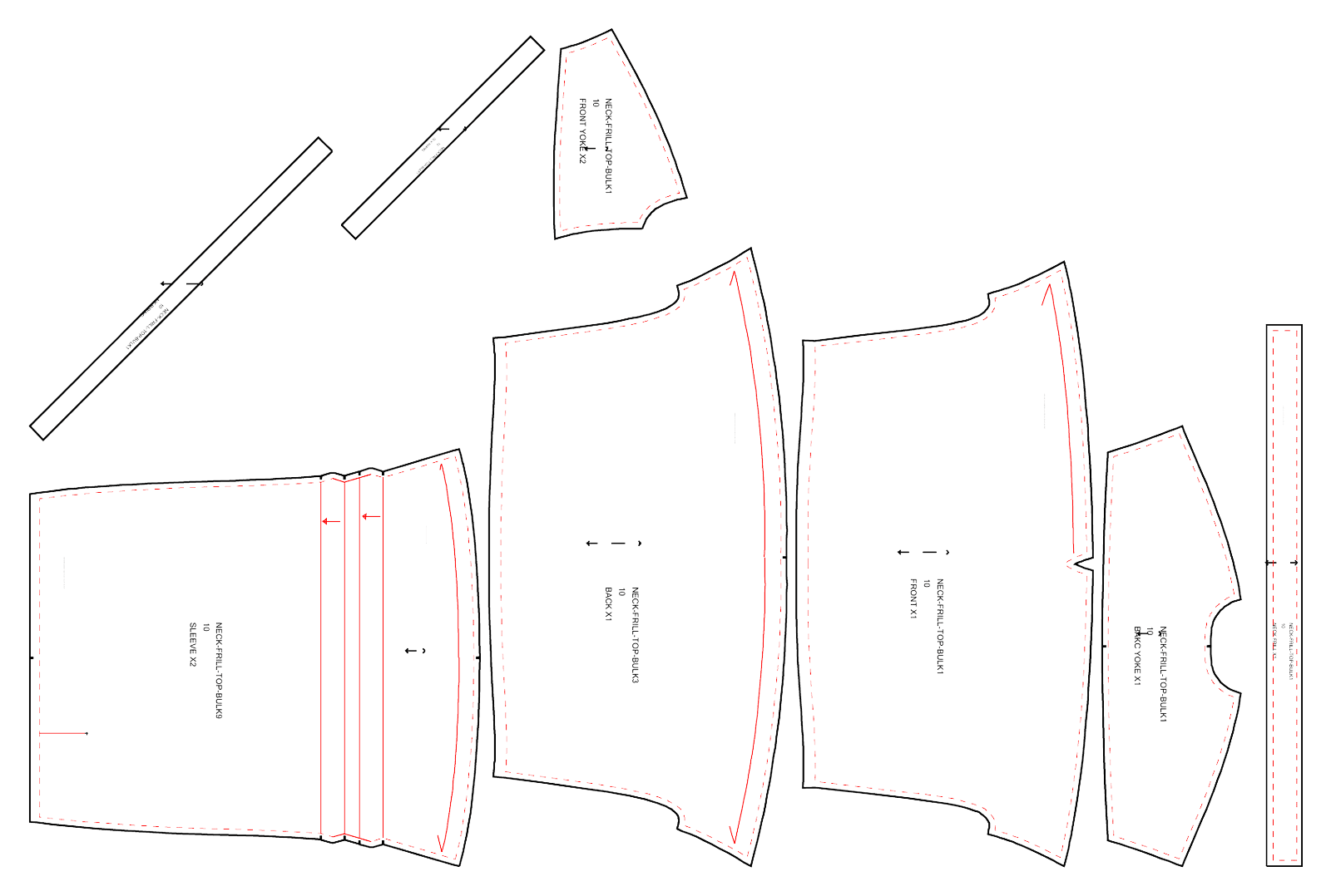 Production pattern pieces for the neck-frill blouse