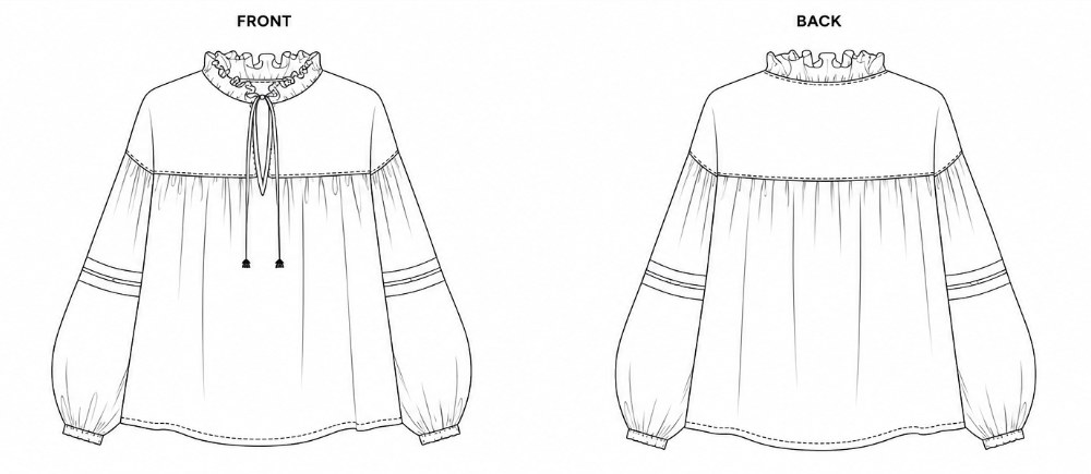 Technical flat sketch — neck-frill blouse, front and back