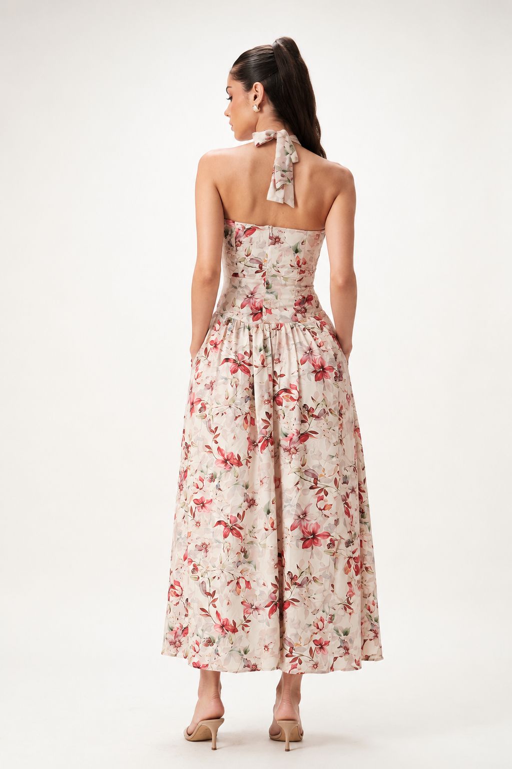 Back view — Nira Drop-Waist Halter Dress