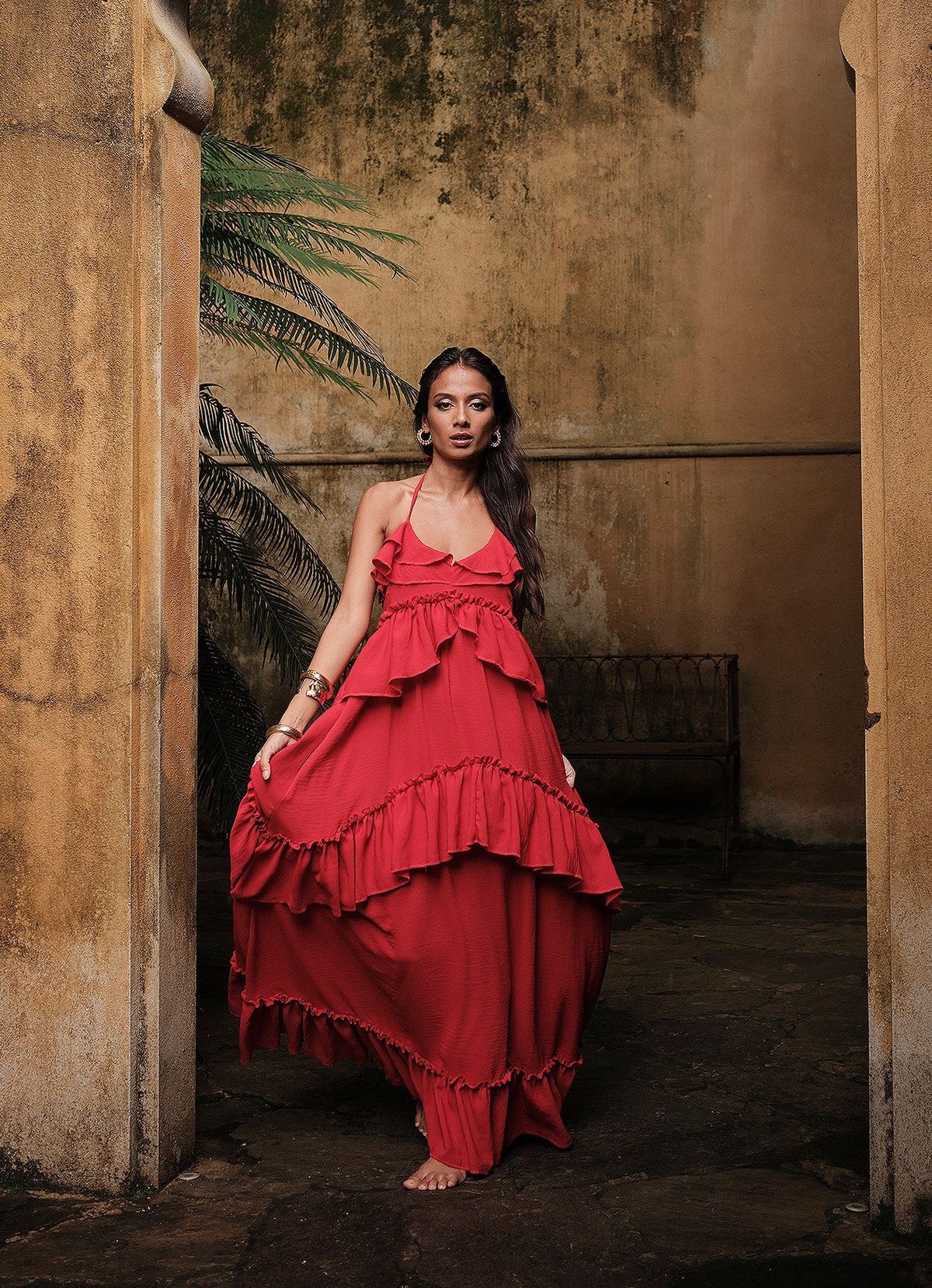 Ruffled halter maxi dress — front view, developed by THELYSH Atelier