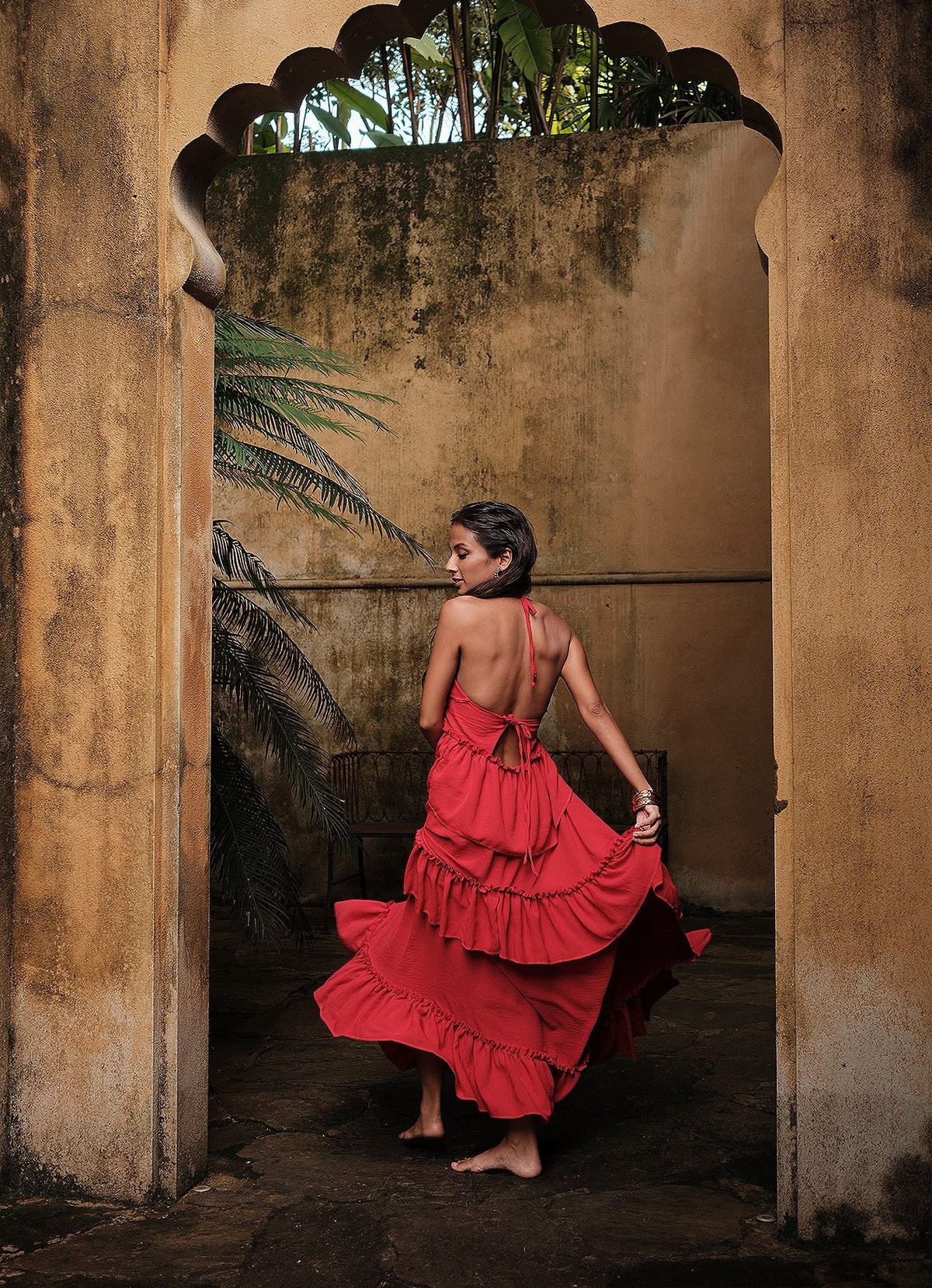Back view — ruffled halter maxi dress