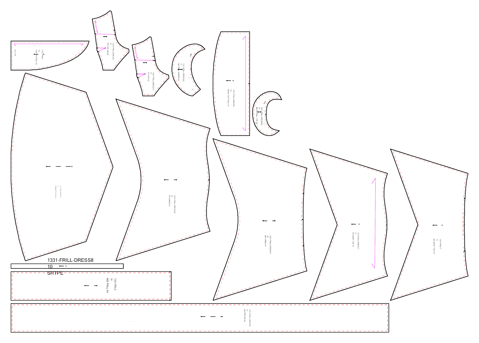 Production pattern pieces for the ruffled halter maxi dress