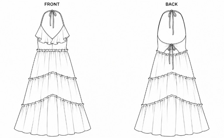 Technical flat sketch — ruffled halter maxi dress, front and back