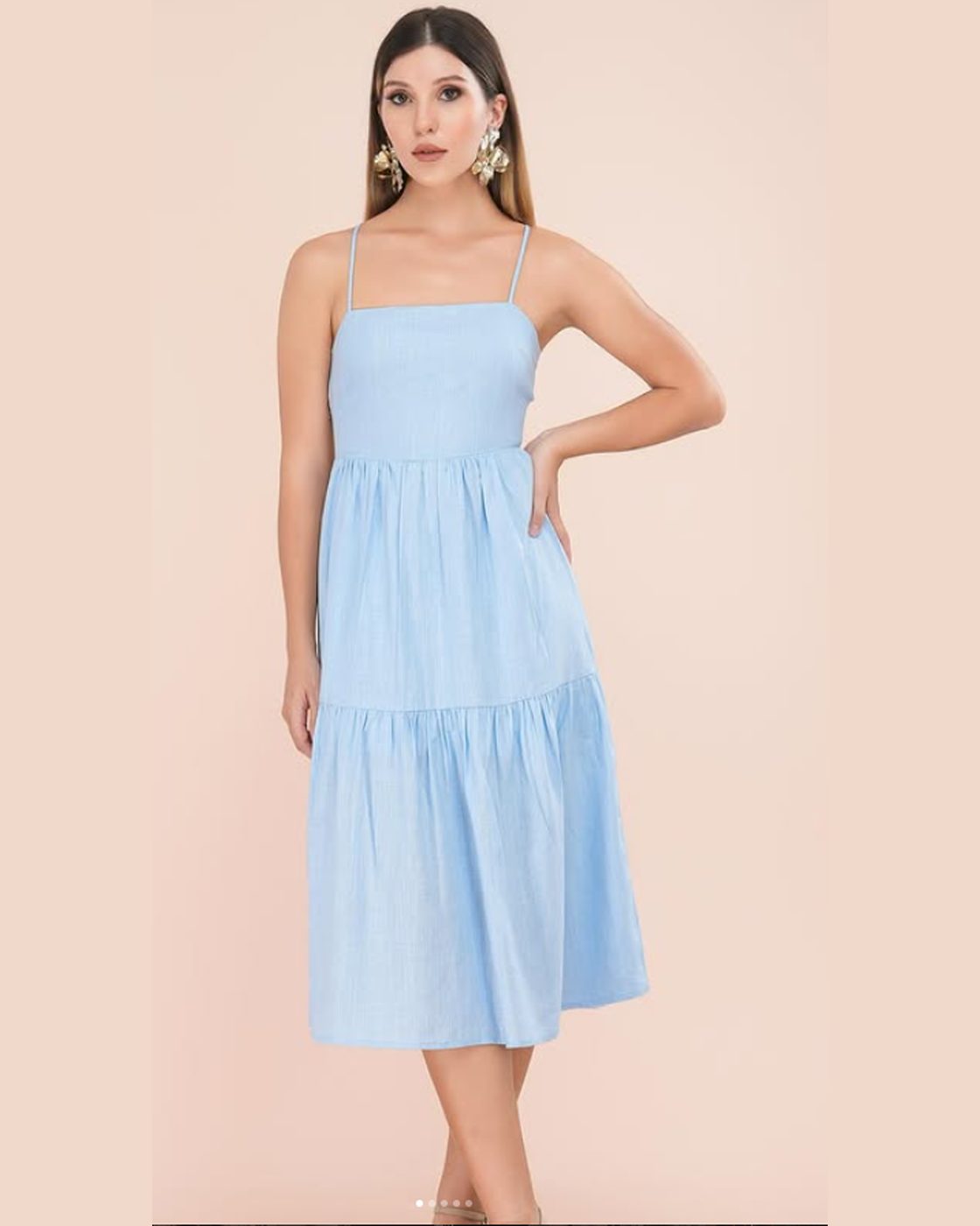Reha tiered linen midi dress in powder blue — developed by THELYSH Atelier