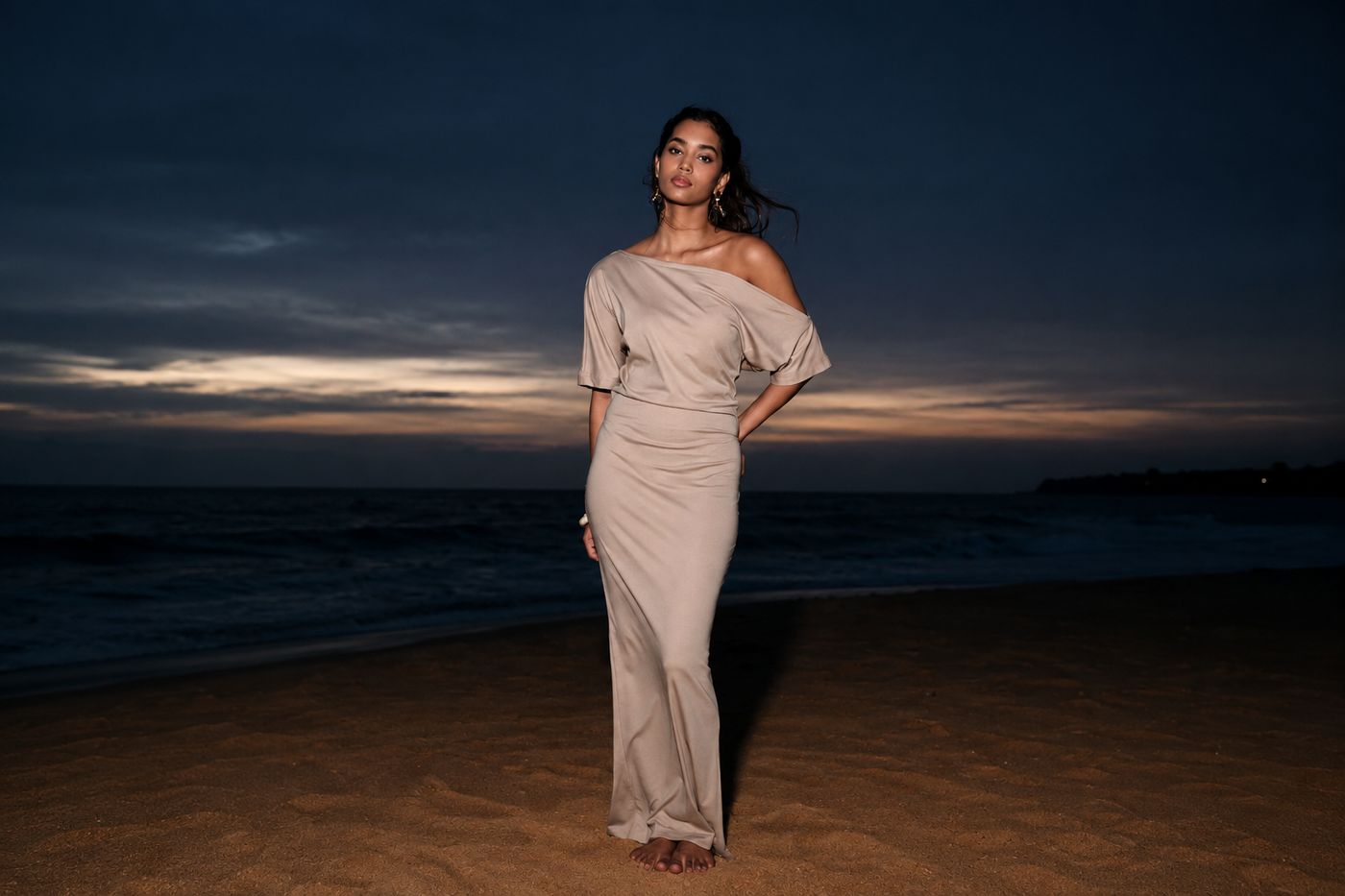 Zoe off-shoulder draped column dress in satin — developed by THELYSH Atelier